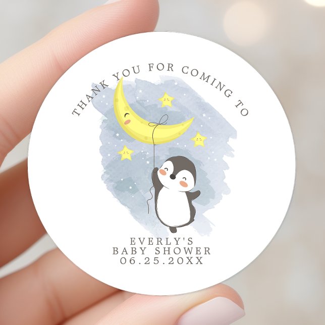 Penguin Moon Watercolor Baby Shower Thank You Classic Round Sticker (Creator Uploaded)