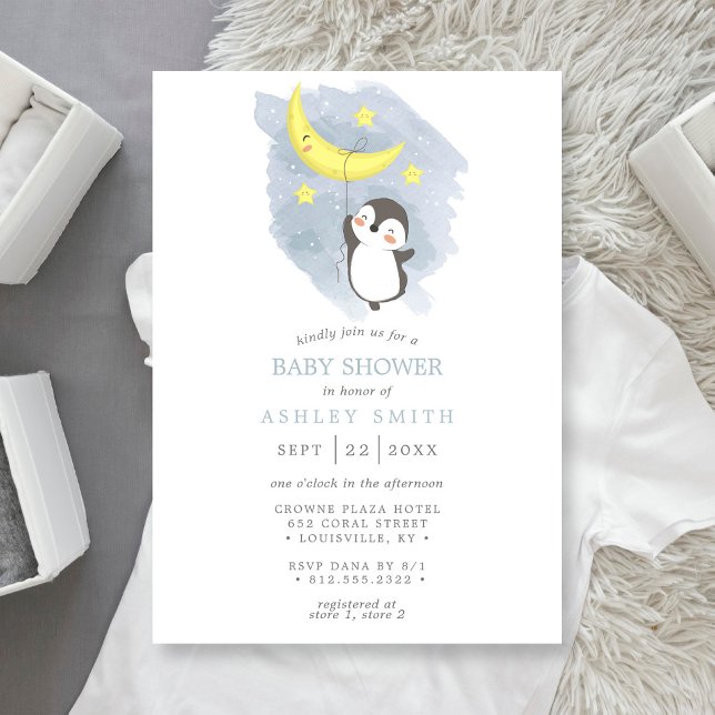 Penguin Moon Winter  Watercolor Baby Shower Invitation (Creator Uploaded)