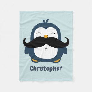 Penguin Moustache Trend Blue Personalised Fleece Blanket