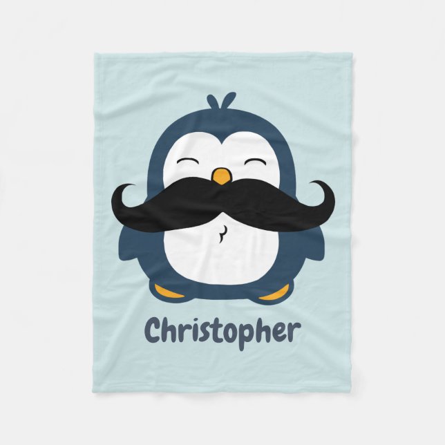 Penguin Moustache Trend Blue Personalised Fleece Blanket (Front)