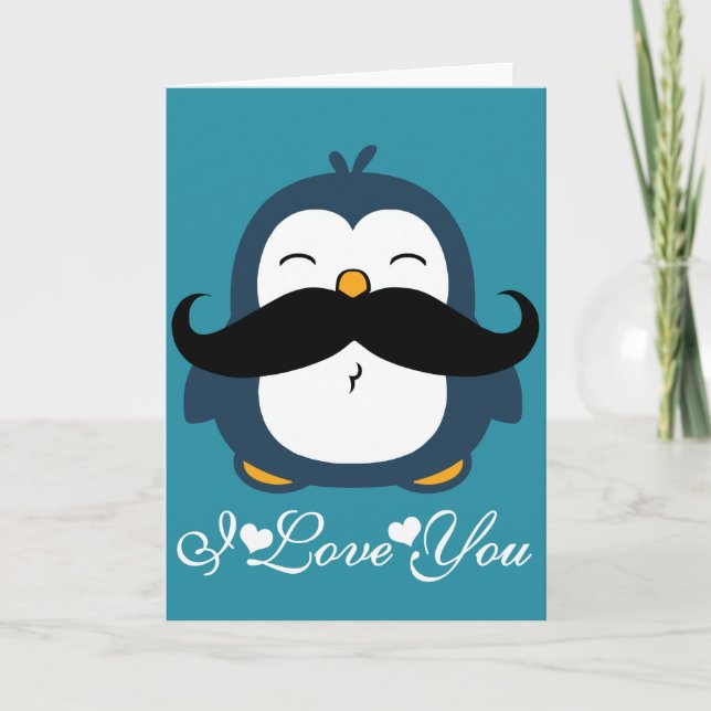 Penguin Moustache Trend I Love You Card (Front)