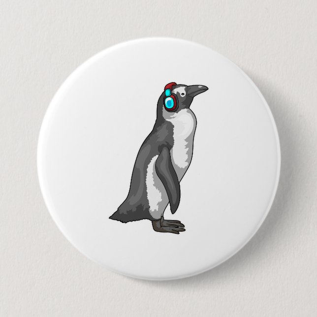 Penguin Music Headphone 7.5 Cm Round Badge (Front)