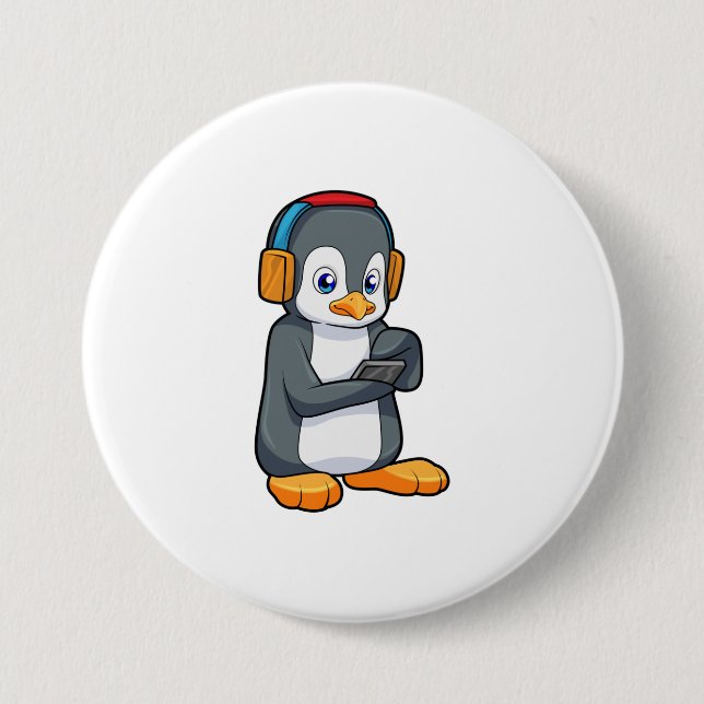 Penguin Music Headphone 7.5 Cm Round Badge (Front)