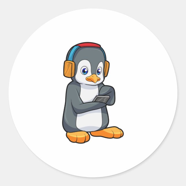 Penguin Music Headphone Classic Round Sticker (Front)