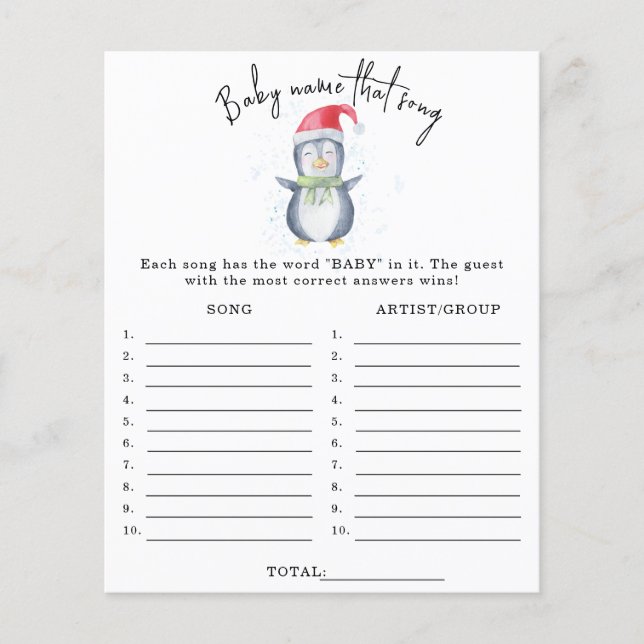 Penguin - Name that song baby shower game (Front)