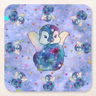 Penguin named Button Square Paper Coaster