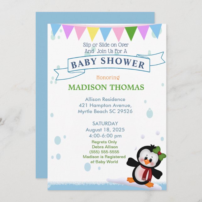 Penguin On Ice Baby Shower Invitation (Front/Back)