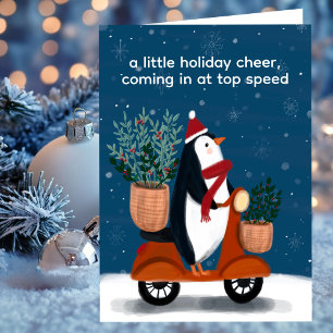 Penguin on Scooter Cute Christmas Custom Holiday Card