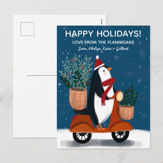 Penguin on Scooter Cute Christmas Custom Holiday Postcard (Front/Back)