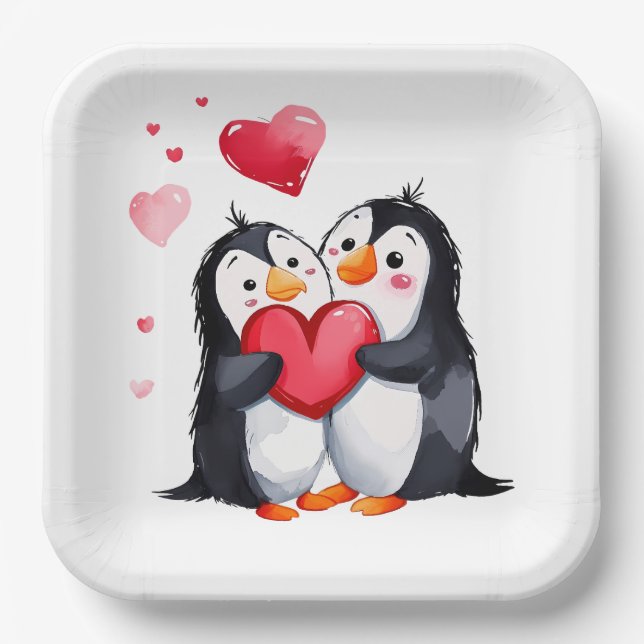 Penguin Pair With Red Hearts Paper Plate (Front)