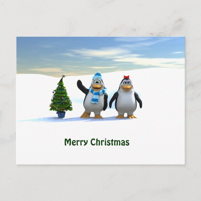 Penguin Pair with Tree Holiday Postcard (Front)