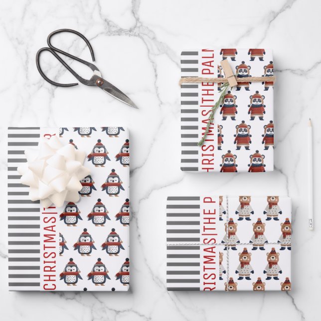 Penguin, panda, bear and stripes Merry Christmas Wrapping Paper Sheet (Front)