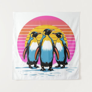 Penguin Parade – Retro Sunset Penguin Family  Tapestry
