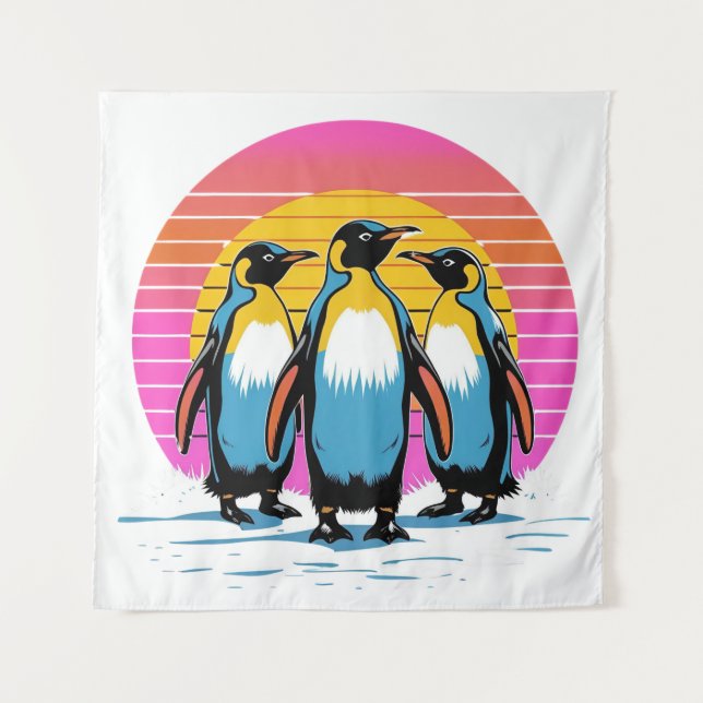 Penguin Parade – Retro Sunset Penguin Family  Tapestry (Front)