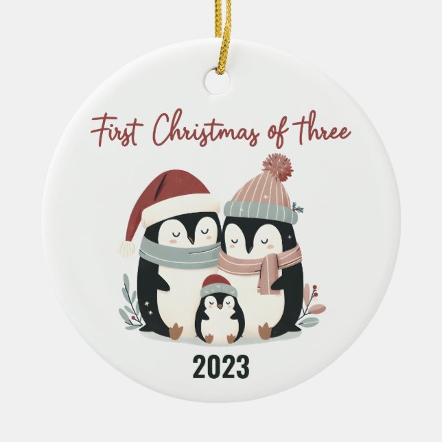 Penguin Paradise: First Christmas of Three Penguin Ceramic Ornament (Front)