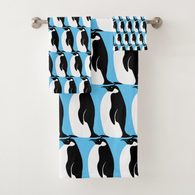 Penguin Pattern Aqua Black White Bath Towel Set (Insitu)