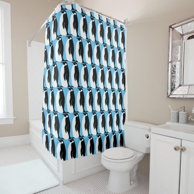 Penguin Pattern Aqua Black White Shower Curtain (In Situ)