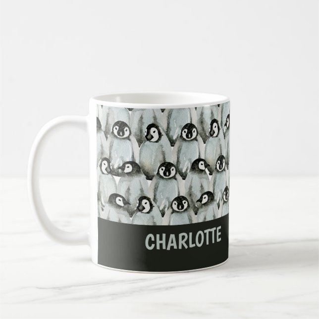 Penguin Pattern Black and White Cute Personalised Coffee Mug (Left)