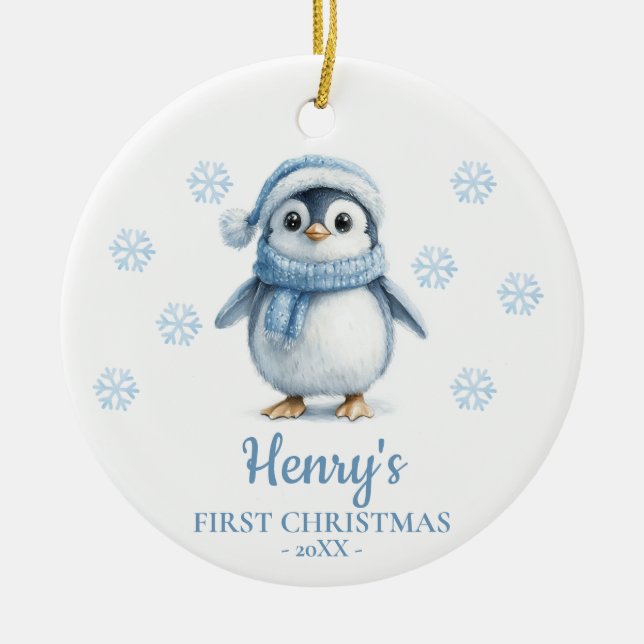 Penguin Personalized Baby's First Christmas Ceramic Ornament (Front)