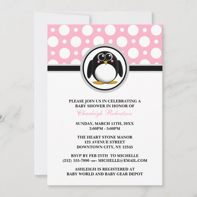 Penguin Pink Polka Dot Baby Shower Invitations (Front)