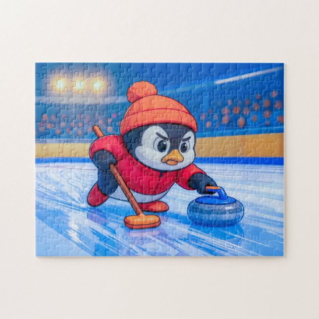 Penguin Playing Curling on an Icy Winter Rink Jigsaw Puzzle (Horizontal)