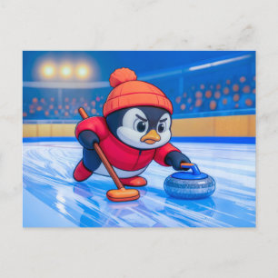 Penguin Playing Curling on an Icy Winter Rink Postcard