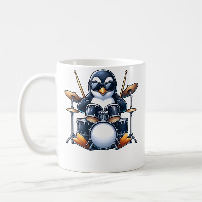 Penguin Playing Drums Rock Band Musician Funny Win Coffee Mug (Left)