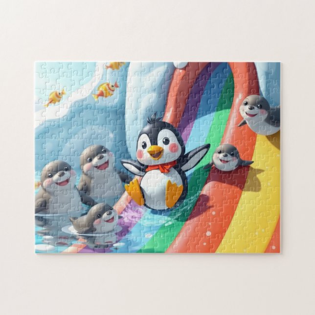 Penguin plays on a slide jigsaw puzzle (Horizontal)