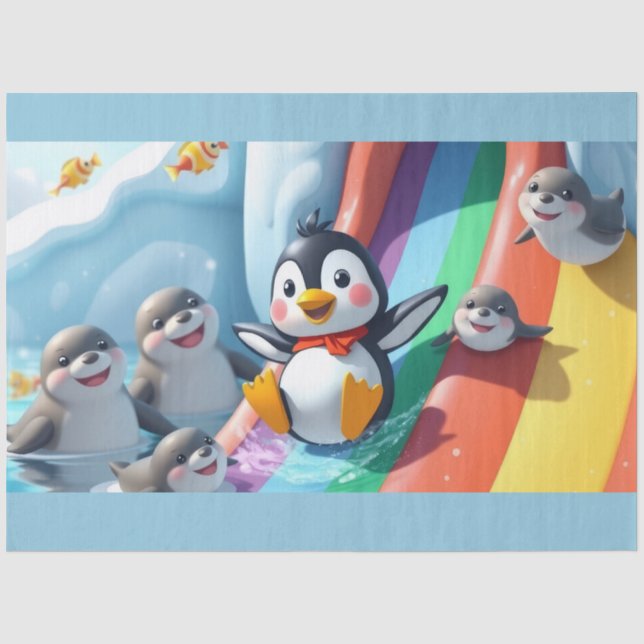 Penguin plays on a slide tissue paper (Front)