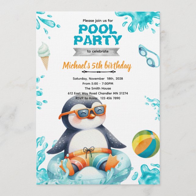 Penguin Pool Party Birthday Invitation (Front)