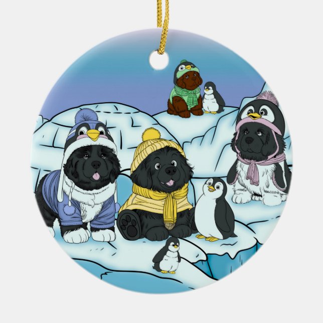 Penguin Puppy March Ceramic Ornament (Front)
