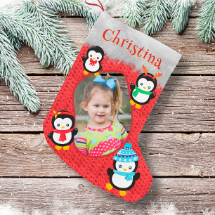 Penguin Red Cute Christmas Kid Photo Name Fun Cool Small Christmas Stocking