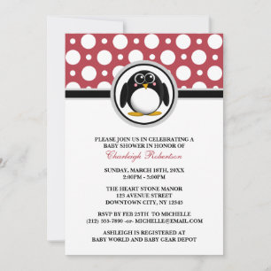 Penguin Red Polka Dot Baby Shower Invitations