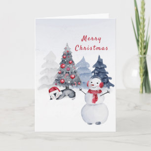 Penguin Red Snowman Trees Watercolor Christmas Holiday Card