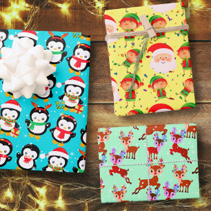 Penguin Reindeer Santa Claus Elf Christmas Holiday Wrapping Paper Sheet