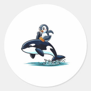 Penguin Riding Orca Costume Sea Animal Lover Kids  Classic Round Sticker