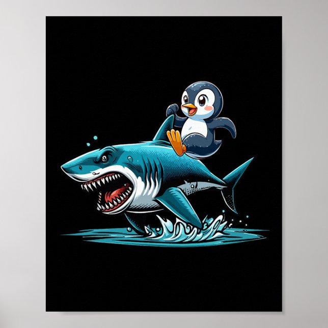 Penguin Riding Shark Costume Sea Animal Lover Kids Poster (Front)