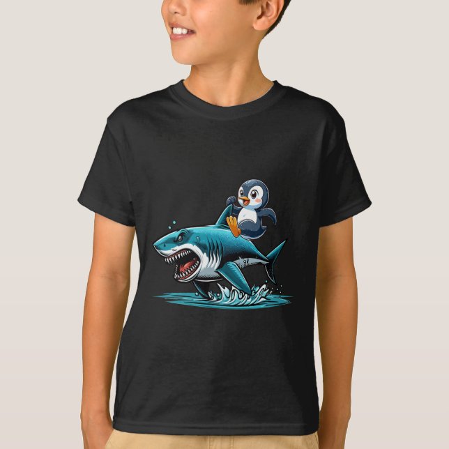 Penguin Riding Shark Costume Sea Animal Lover Kids T-Shirt (Front)