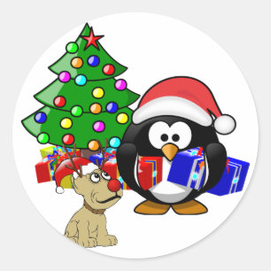 Penguin Santa and Reindeer Dog Classic Round Sticker