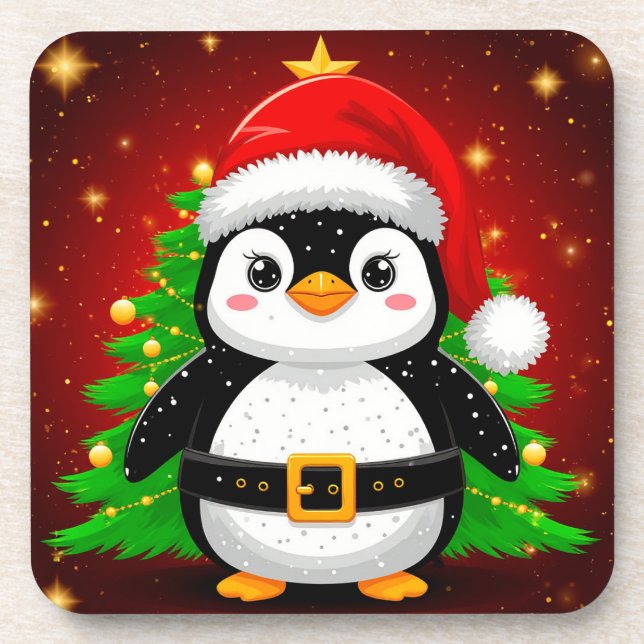 🐧 Penguin Santa Christmas Tree Holiday Fun ✨ Coaster (Front)