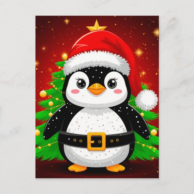 🐧 Penguin Santa Christmas Tree Holiday Fun ✨ Postcard (Front)
