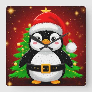 🐧 Penguin Santa Christmas Tree Holiday Fun ✨ Square Wall Clock