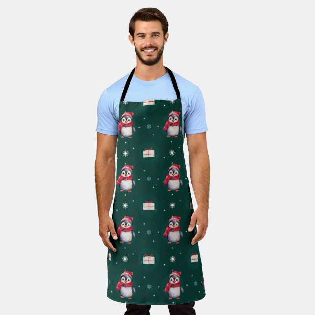 Penguin Santa Green Happy Merry Christmas pattern Apron (Worn)
