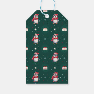 Penguin Santa Green Happy Merry Christmas pattern Gift Tags