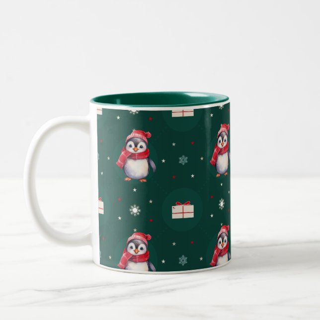 Penguin Santa Green Happy Merry Christmas pattern Two-Tone Coffee Mug (Left)