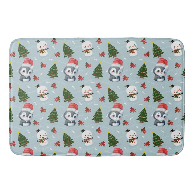 Penguin Santa Happy Merry Christmas tree pattern Bath Mat (Front)