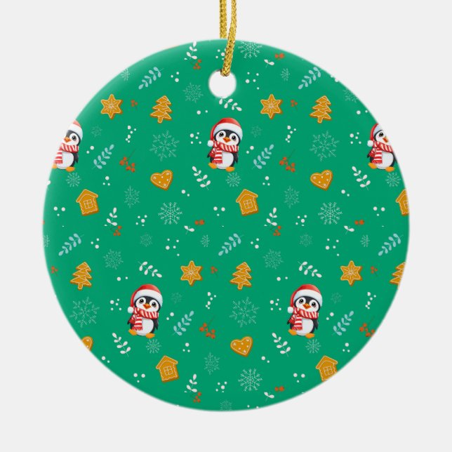 Penguin Santa Happy Merry Christmas tree pattern Ceramic Ornament (Front)