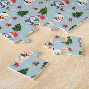 Penguin Santa Happy Merry Christmas tree pattern Jigsaw Puzzle
