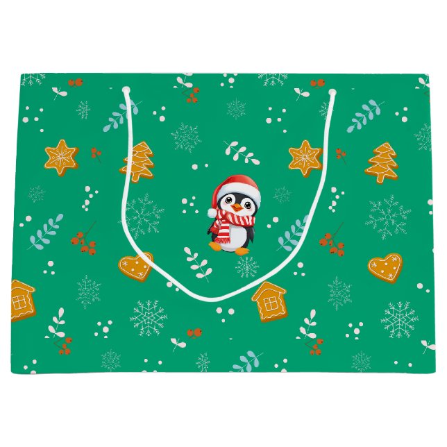 Penguin Santa Happy Merry Christmas tree pattern Large Gift Bag (Front)