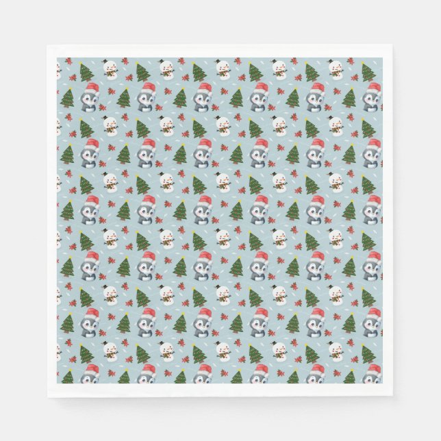 Penguin Santa Happy Merry Christmas tree pattern Napkin (Front)